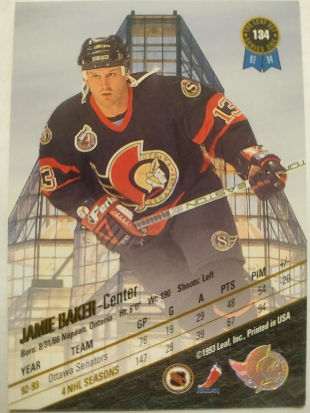 ХОККЕЙ КАРТОЧКА НХЛ LEAF SET SERIES ONE 1993-94 JAMIE BAKER OTTAWA SENETORS #13 1