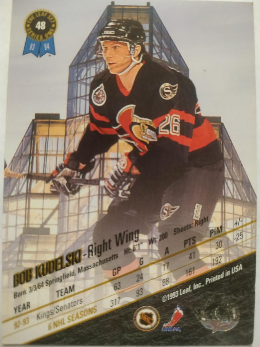 ХОККЕЙ КАРТОЧКА НХЛ LEAF SET SERIES ONE 1993-94 BOB KUDELSKI OTTAWA SENETORS #48 1