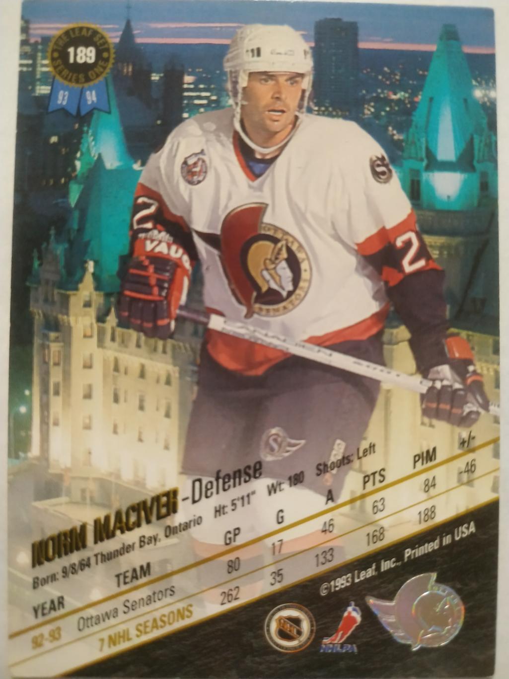 ХОККЕЙ КАРТОЧКА НХЛ LEAF SET SERIES ONE 1993-94 NORM MACIVER OTTAWA #189 1