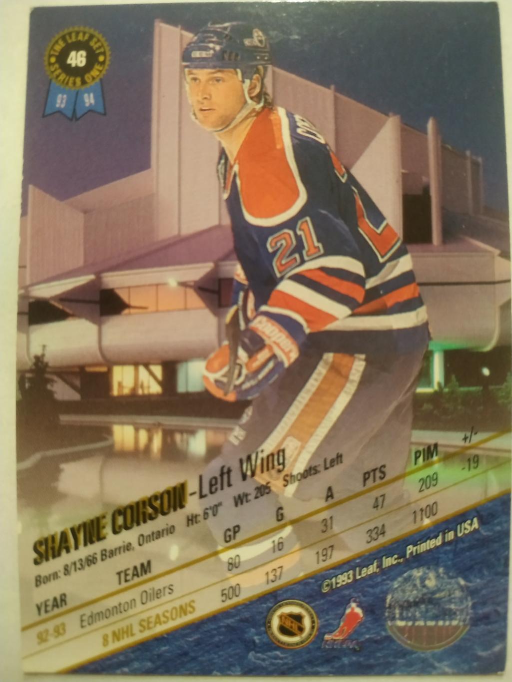 ХОККЕЙ КАРТОЧКА НХЛ LEAF SET SERIES ONE 1993-94 SHAYNE CORSON EDMONTON #46 1