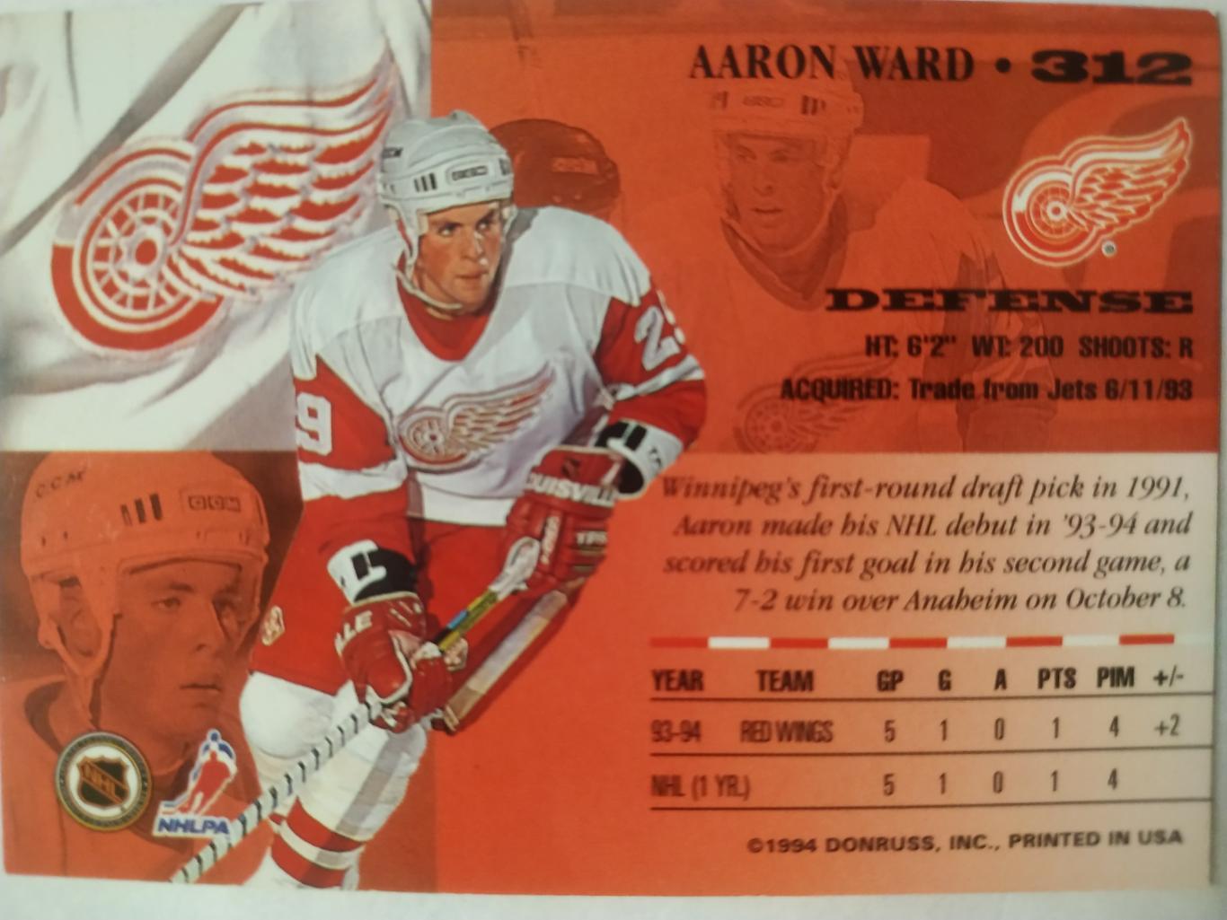 ХОККЕЙ КАРТОЧКА НХЛ DONRUSS LEAF SET 1994-95 AARON WARD DETROIT #312 1