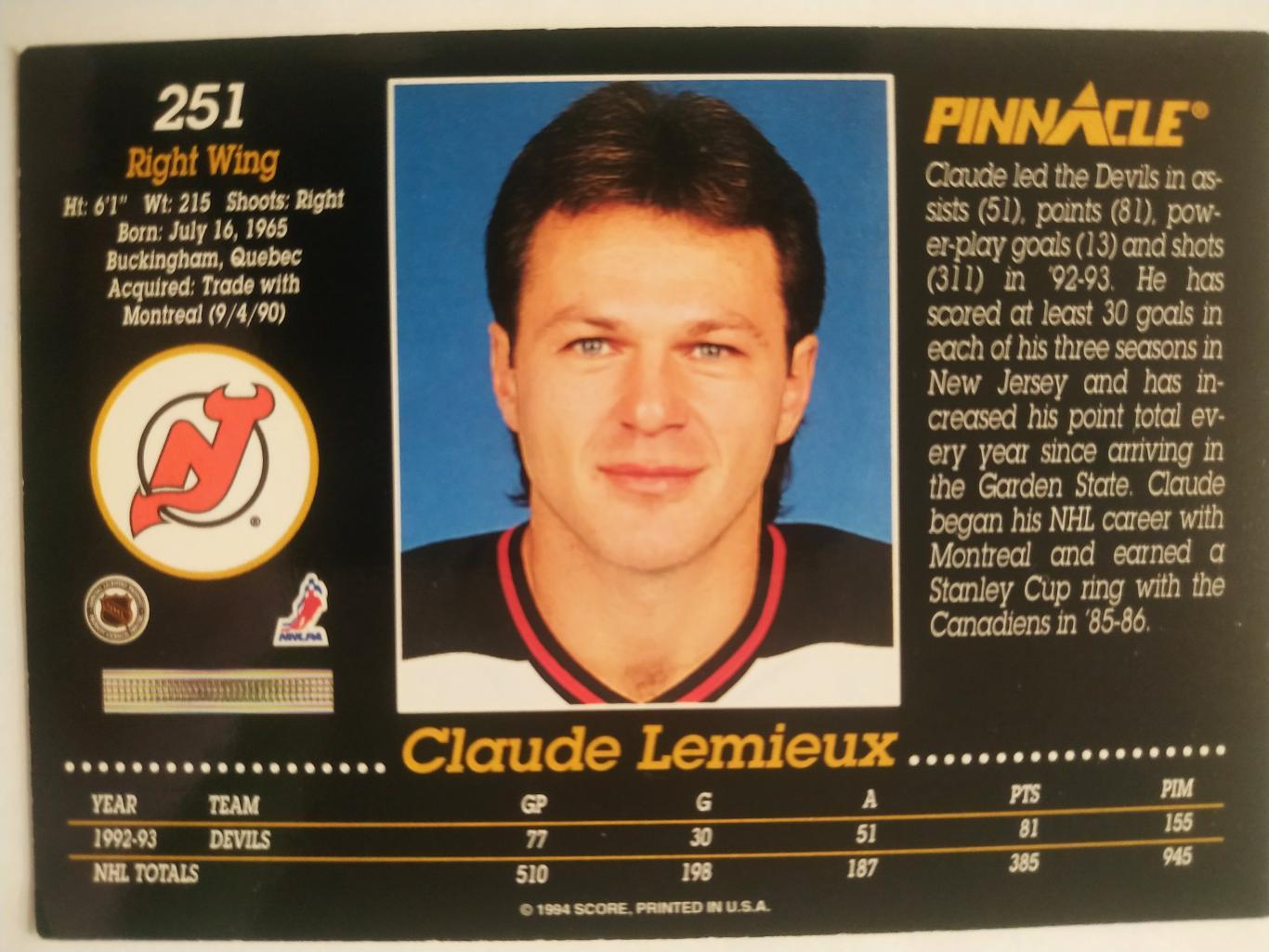 ХОККЕЙ КАРТОЧКА НХЛ PINNACLE 1993-94 NHL CLAUDE LEMIEUX NEW JERSEY DEVILS #251 1