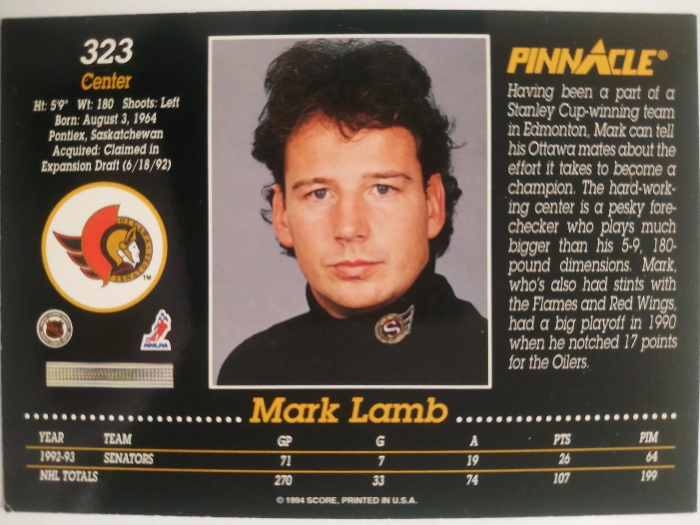 ХОККЕЙ КАРТОЧКА НХЛ PINNACLE 1993-94 NHL MARK LAMB OTTAWA SENATORS #323 1