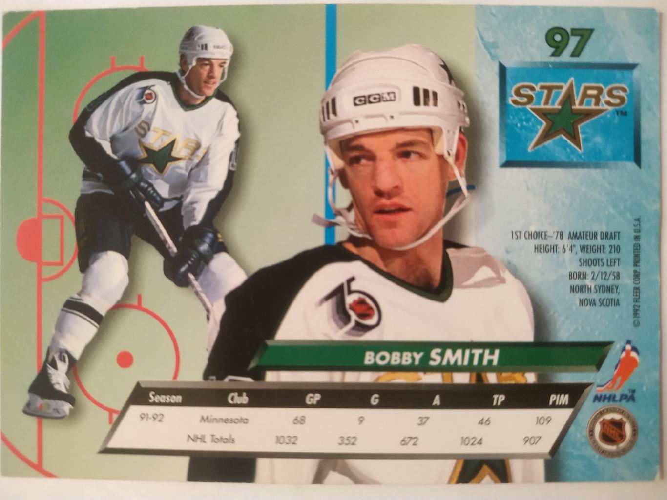 ХОККЕЙ КАРТОЧКА НХЛ FLEER ULTRA 1992-93 NHL BOBBY SMITH MINNESOTA NORTH STAR #97 1