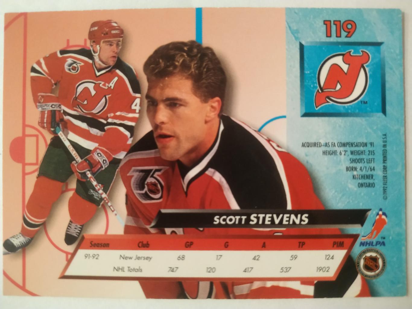 ХОККЕЙ КАРТОЧКА НХЛ FLEER ULTRA 1992-93 NHL SCOTT STEVENS NEW JERSEY DEVILS #119 1