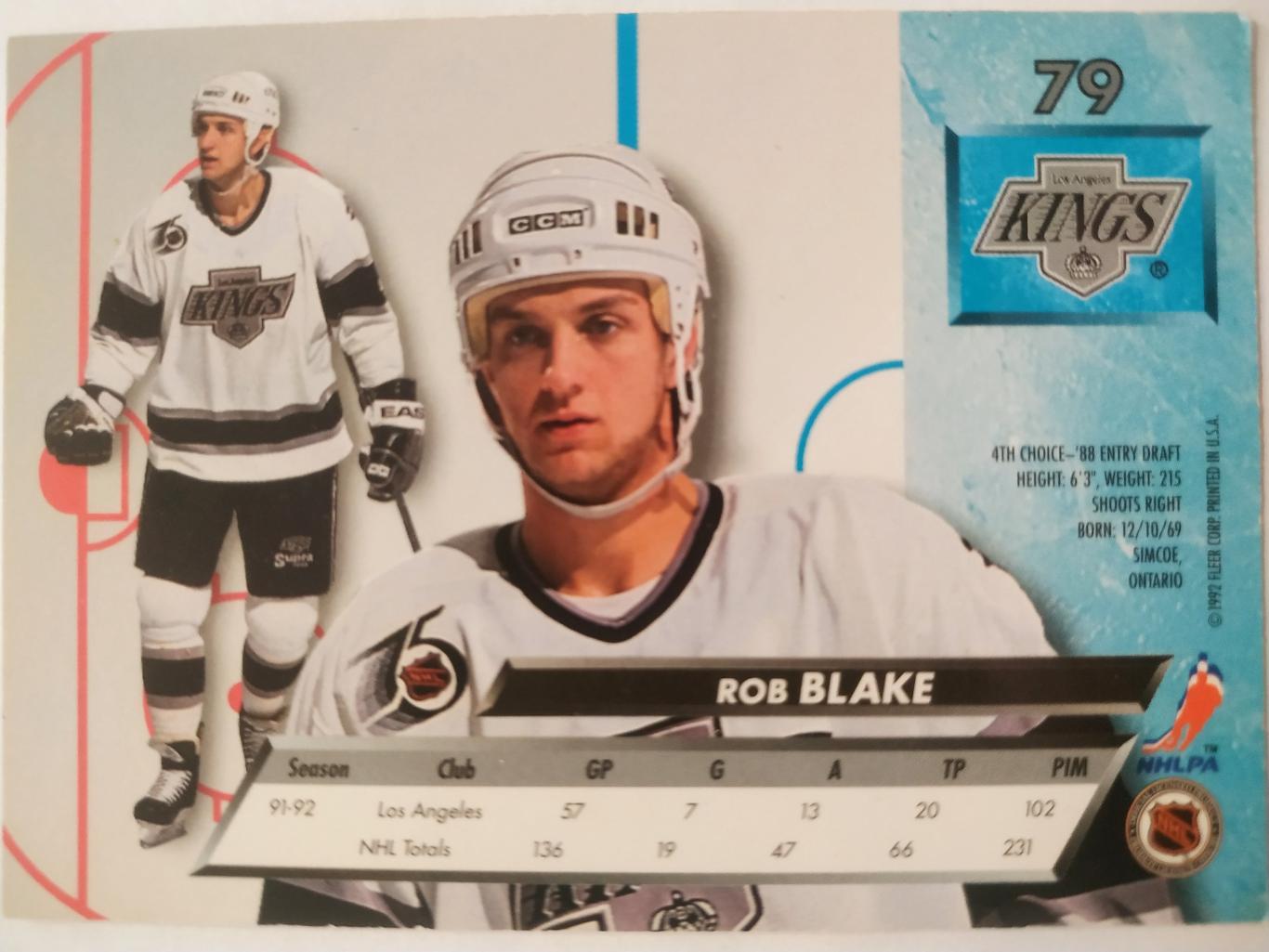 ХОККЕЙ КАРТОЧКА НХЛ FLEER ULTRA 1992-93 NHL ROB BLAKE LOS ANGELES KINGS #79 1