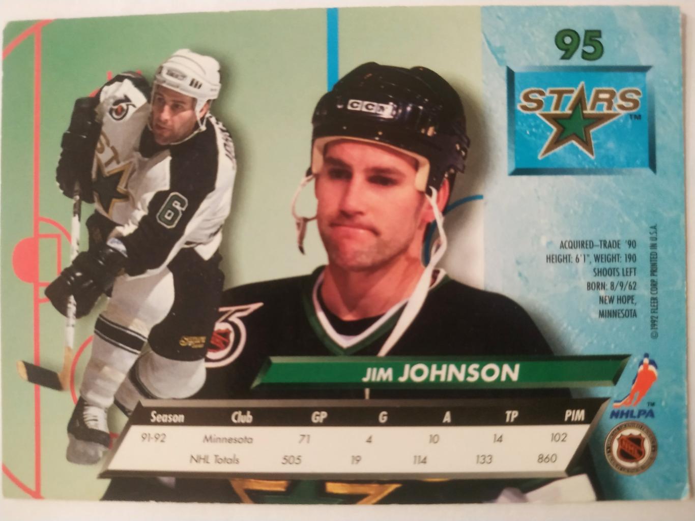ХОККЕЙ КАРТОЧКА НХЛ FLEER ULTRA 1992-93 NHL JIM JOHNSON MINNESOTA #95 1