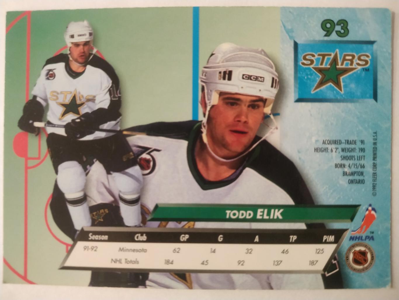 ХОККЕЙ КАРТОЧКА НХЛ FLEER ULTRA 1992-93 NHL TODD ELIK MINNESOTA #93 1