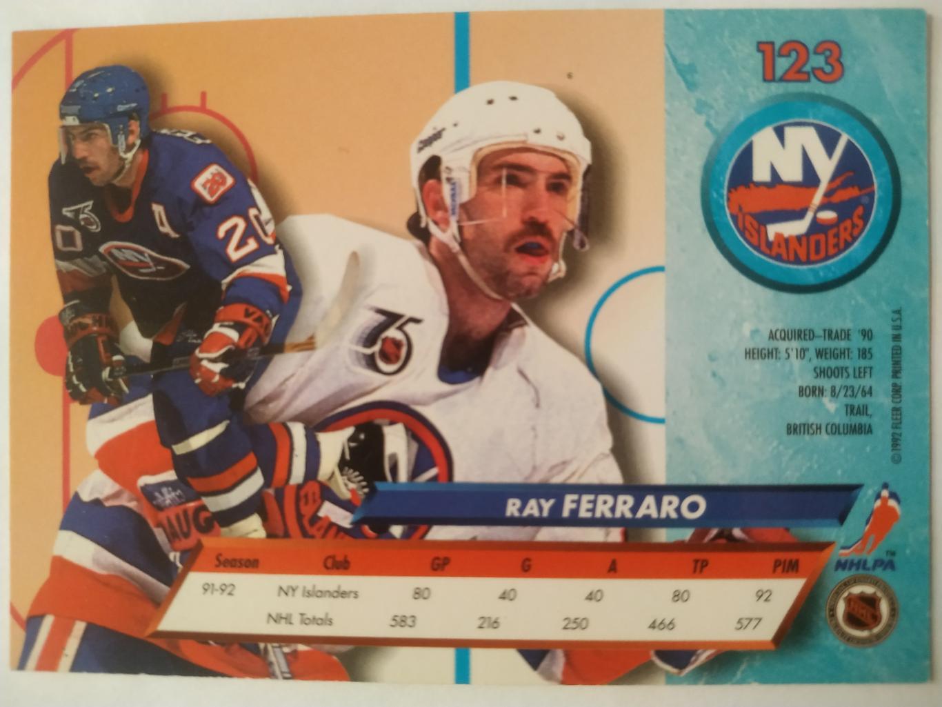 ХОККЕЙ КАРТОЧКА НХЛ FLEER ULTRA 1992-93 NHL RAY FERRARO NEW YORK ISLANDERS #123 1