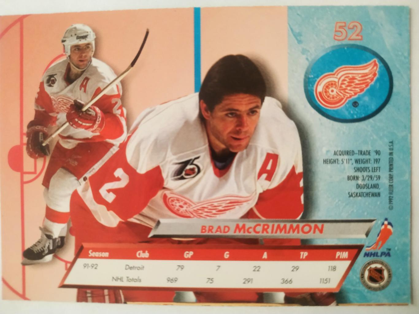 ХОККЕЙ КАРТОЧКА НХЛ FLEER ULTRA 1992-93 NHL BRAD MCCRIMMON DETROIT RED WINGS #52 1