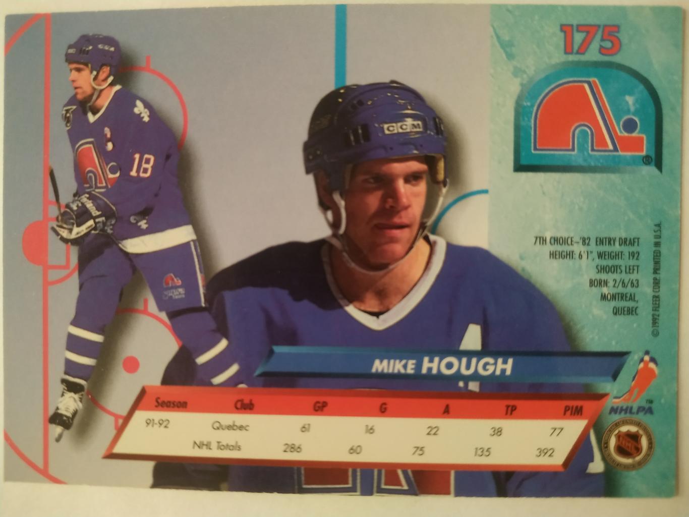 ХОККЕЙ КАРТОЧКА НХЛ FLEER ULTRA 1992-93 NHL MIKE HOUGH QUEBEC NORDIQUES #175 1