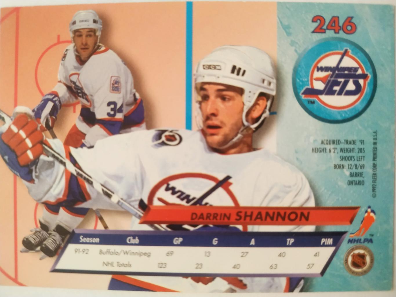 ХОККЕЙ КАРТОЧКА НХЛ FLEER ULTRA 1992-93 NHL DARRIN SHANNON WINNIPEG JETS #246 1