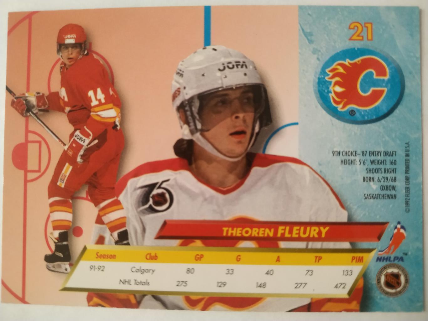 ХОККЕЙ КАРТОЧКА НХЛ FLEER ULTRA 1992-93 NHL THEOREN FLEURY CALGARY FLAMES #21 1