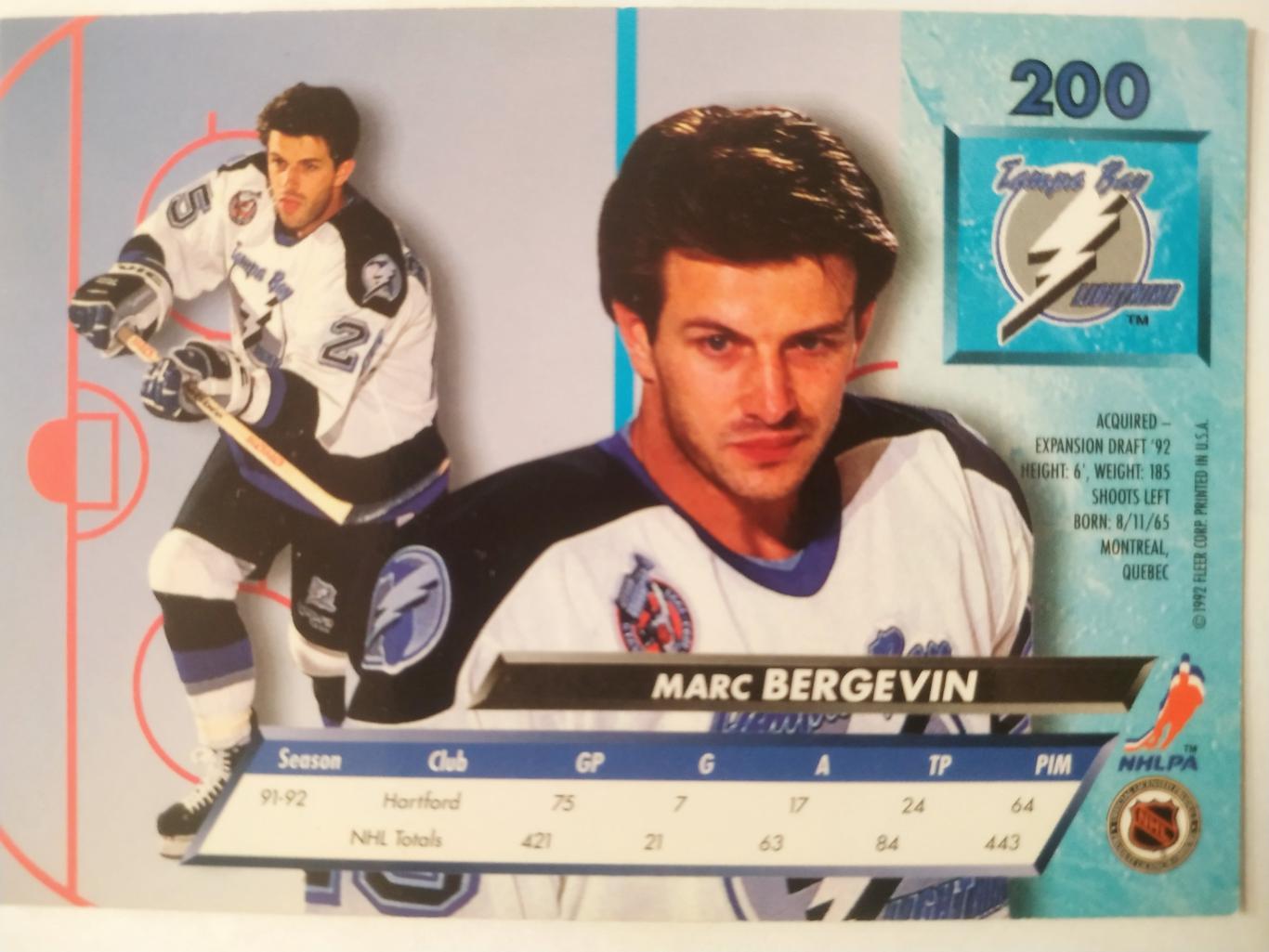 ХОККЕЙ КАРТОЧКА НХЛ FLEER ULTRA 1992-93 NHL MARC BERGEVIN LIGHTNING #200 1