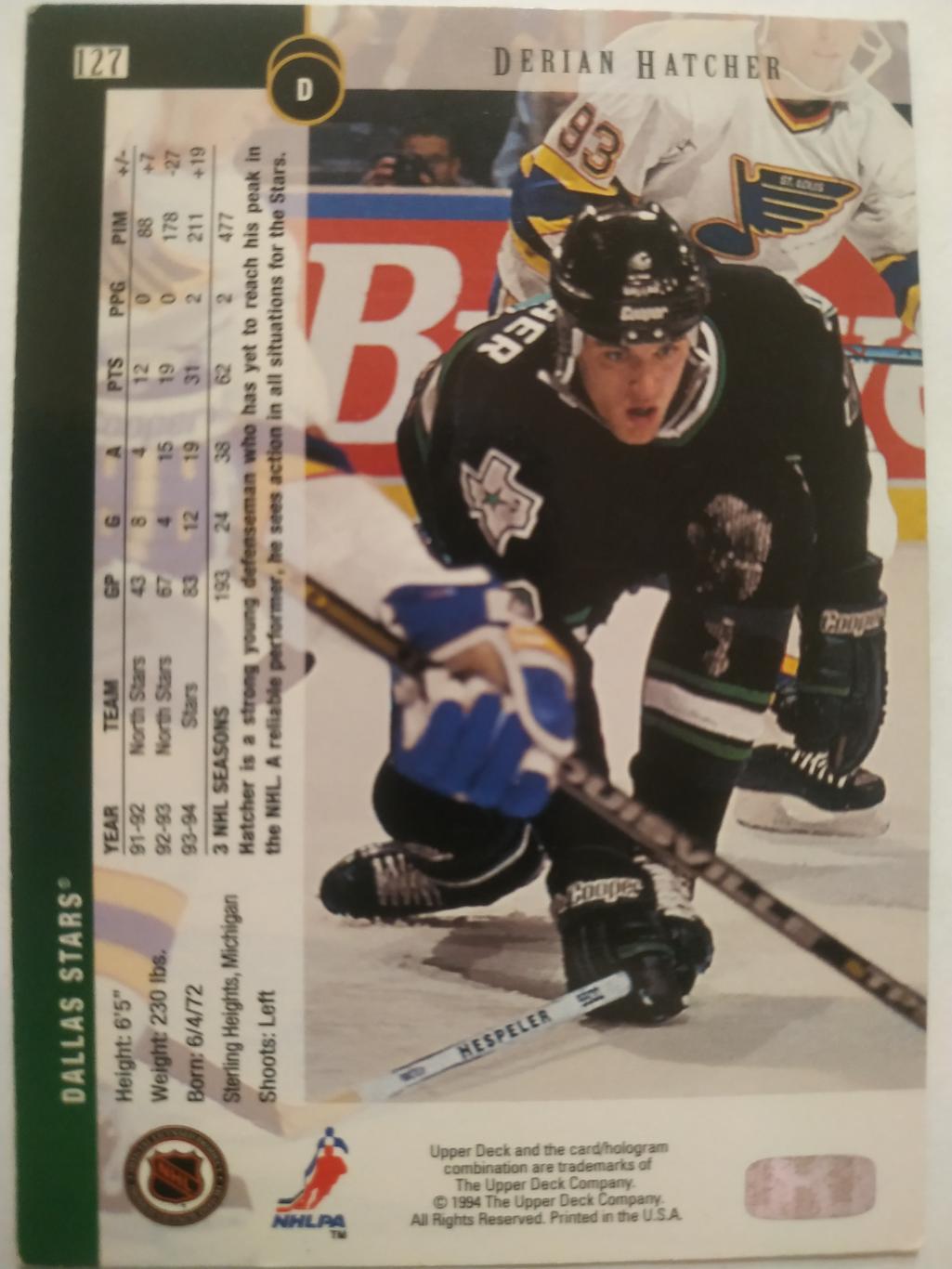 ХОККЕЙ КАРТОЧКА НХЛ UPPER DECK 1994-95 NHL DERIAN HATCHER MINNESOTA #127 1