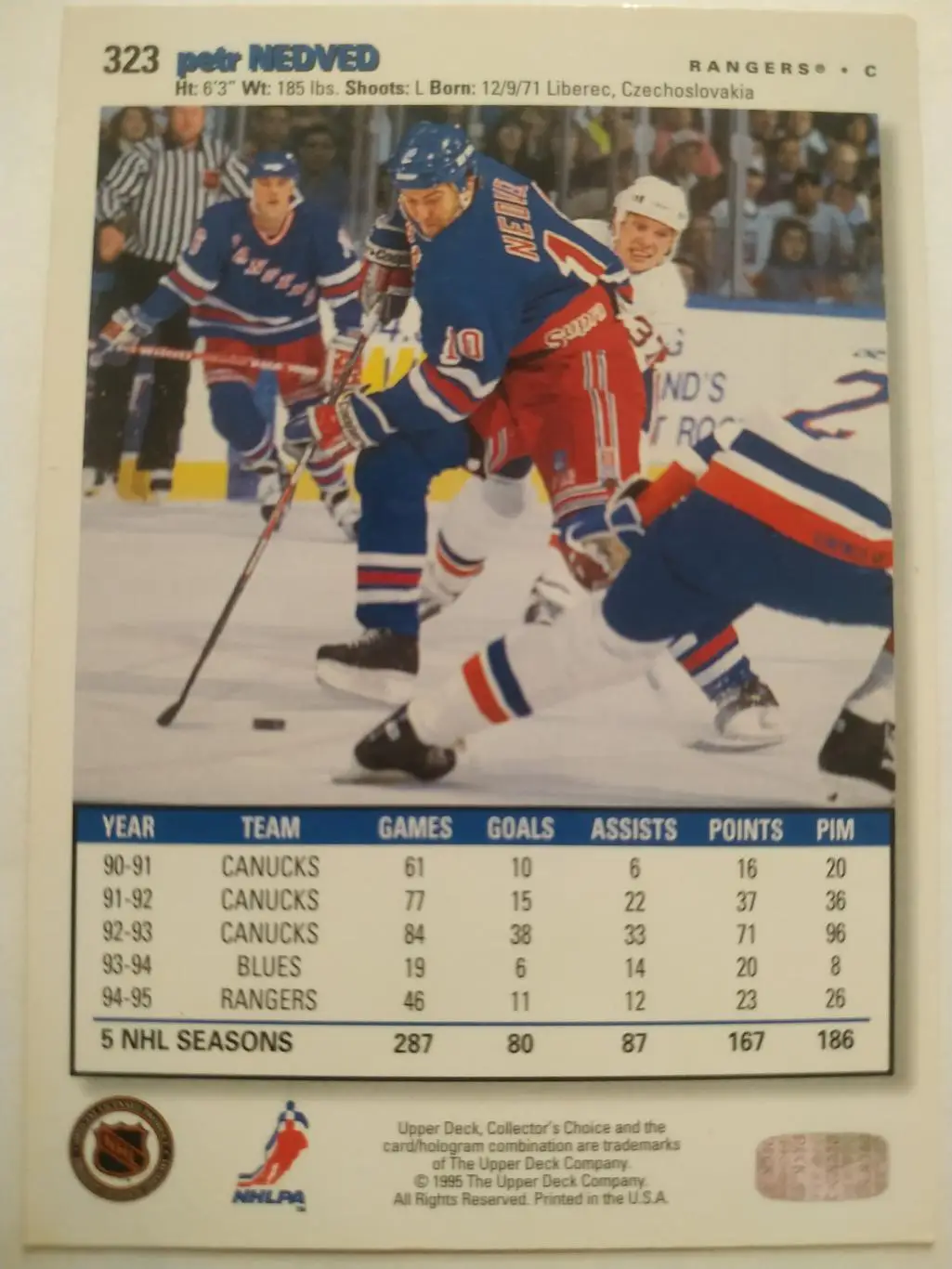 ХОККЕЙ КАРТОЧКА НХЛ UPPER DECK 1995-96 NHL PETR NEDVED NEW YORK RANGERS #323 1