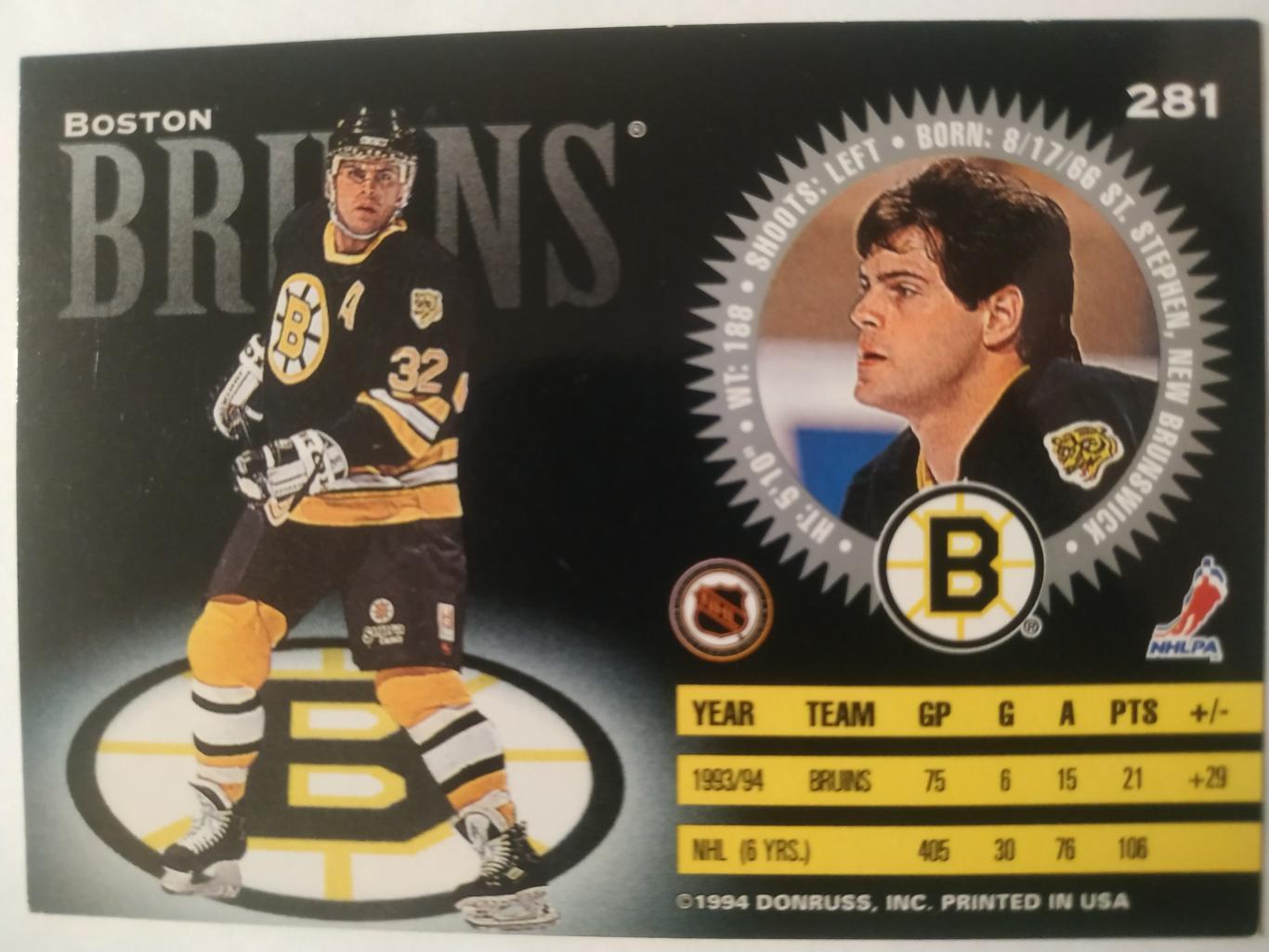 ХОККЕЙ КАРТОЧКА НХЛ DONRUSS 1994-95 NHL DON SWEENEY BOSTON BRUINS #281 1