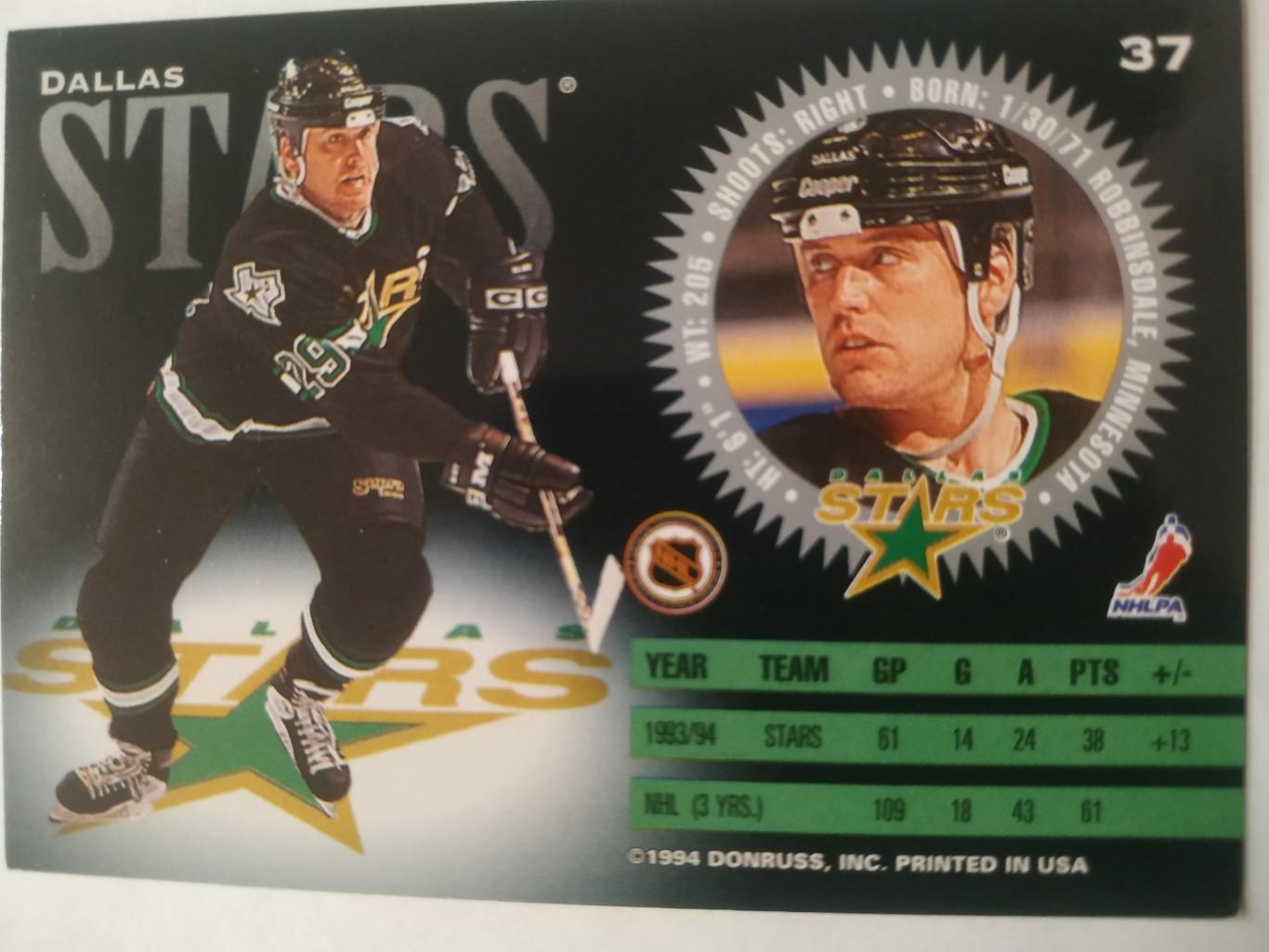 ХОККЕЙ КАРТОЧКА НХЛ DONRUSS 1994-95 NHL TRENT KLATT DALLAS STARS #37 1