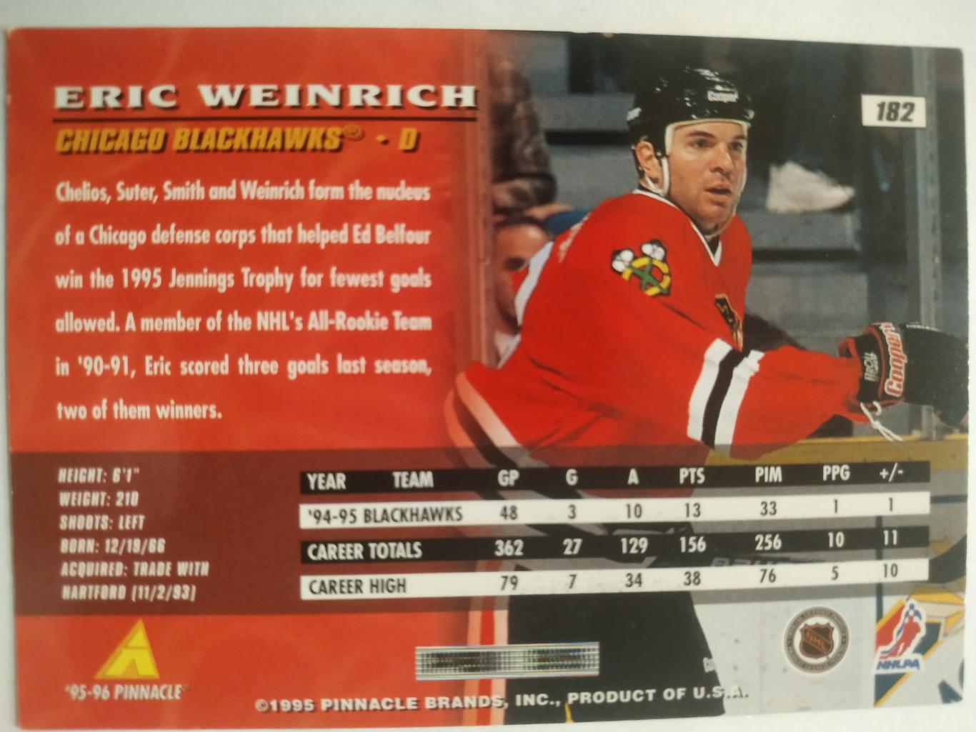 ХОККЕЙ КАРТОЧКА НХЛ PINNACLE 1995-96 NHL ERIC WEINRICH CHICAGO BLACKHAWKS #182 1