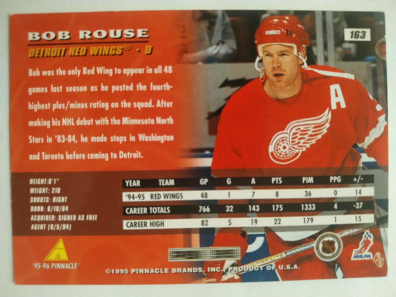 ХОККЕЙ КАРТОЧКА НХЛ PINNACLE 1995-96 NHL BOB ROUSE DETROIT RED WINGS #163 1