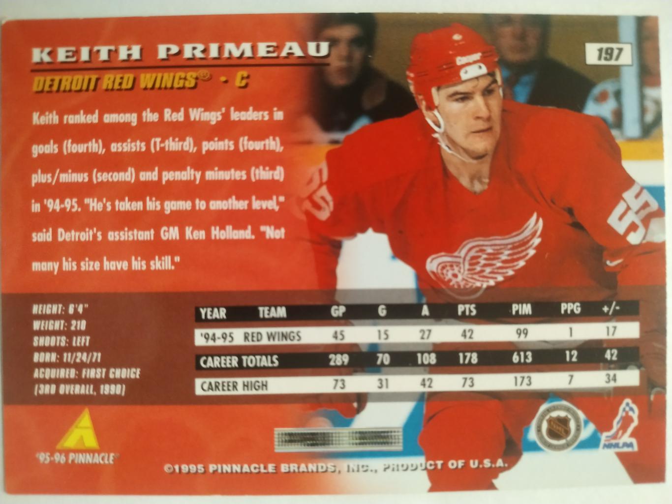 ХОККЕЙ КАРТОЧКА НХЛ PINNACLE 1995-96 NHL KEITH PRIMEAU DETROIT RED WINGS #197 1