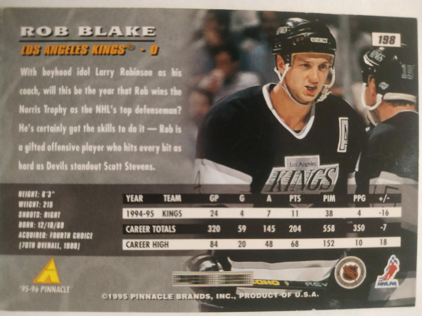 ХОККЕЙ КАРТОЧКА НХЛ PINNACLE 1995-96 NHL ROB BLAKE LOS ANGELES KINGS #198 1