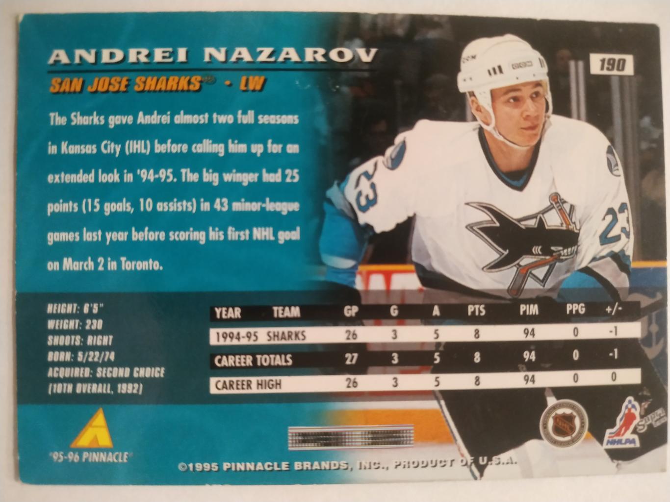 ХОККЕЙ КАРТОЧКА НХЛ PINNACLE 1995-96 NHL ANDREI NAZAROV SAN JOSE SHARKS #190 1