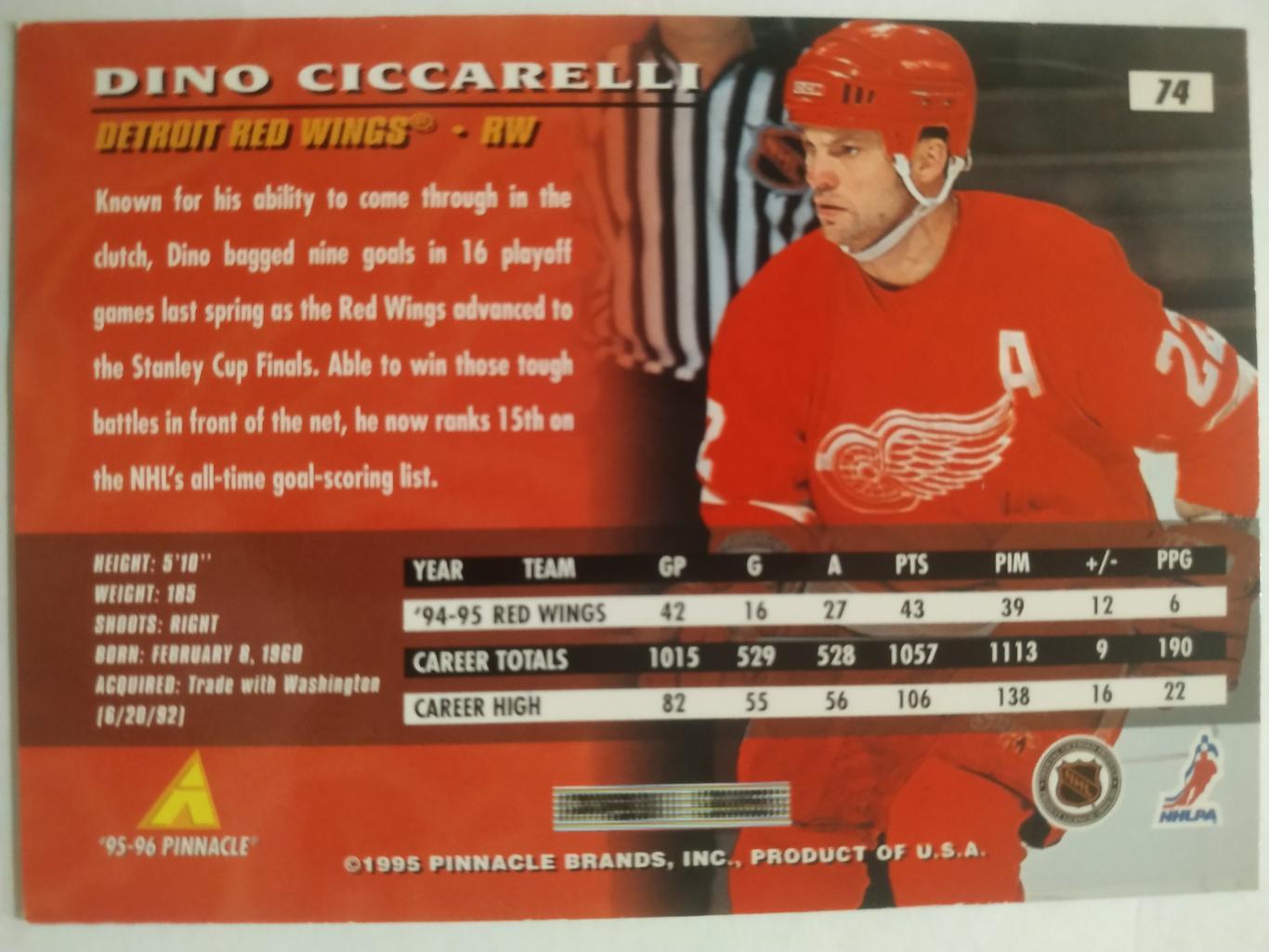 ХОККЕЙ КАРТОЧКА НХЛ PINNACLE 1995-96 NHL DINO CICCARELLI DETROIT RED WINGS #74 1