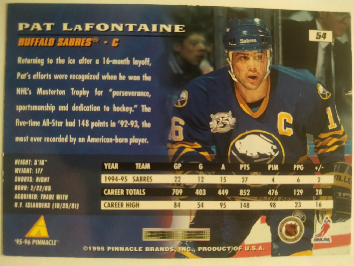 ХОККЕЙ КАРТОЧКА НХЛ PINNACLE 1995-96 NHL PAT LAFONTAINE BUFFALO SABRES #54 1