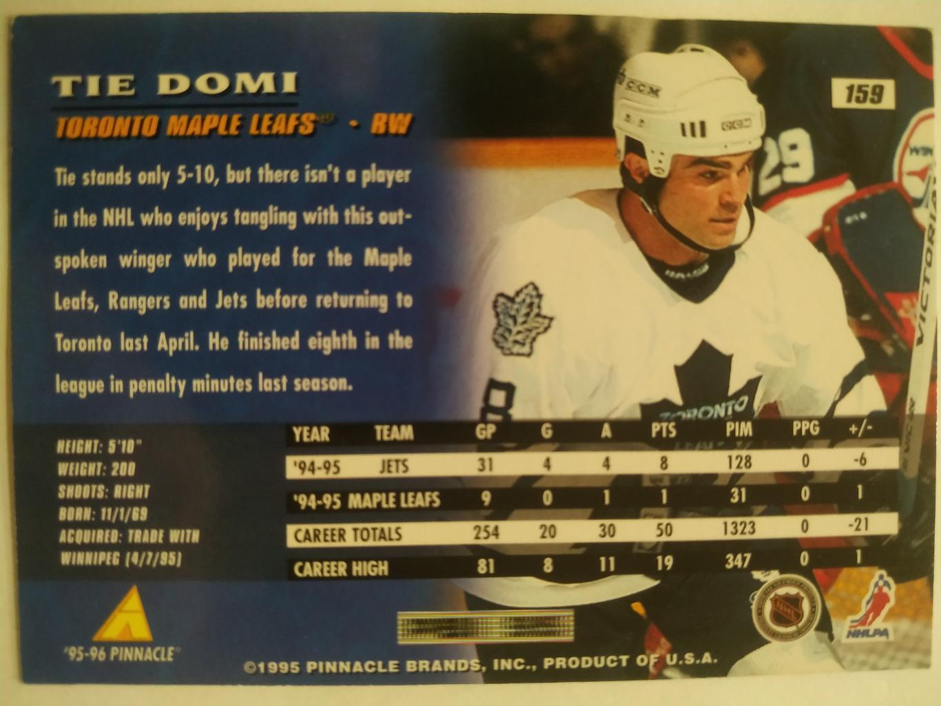 ХОККЕЙ КАРТОЧКА НХЛ PINNACLE 1995-96 NHL TIE DOMI TORONTO MAPLE LEAFS #159 1