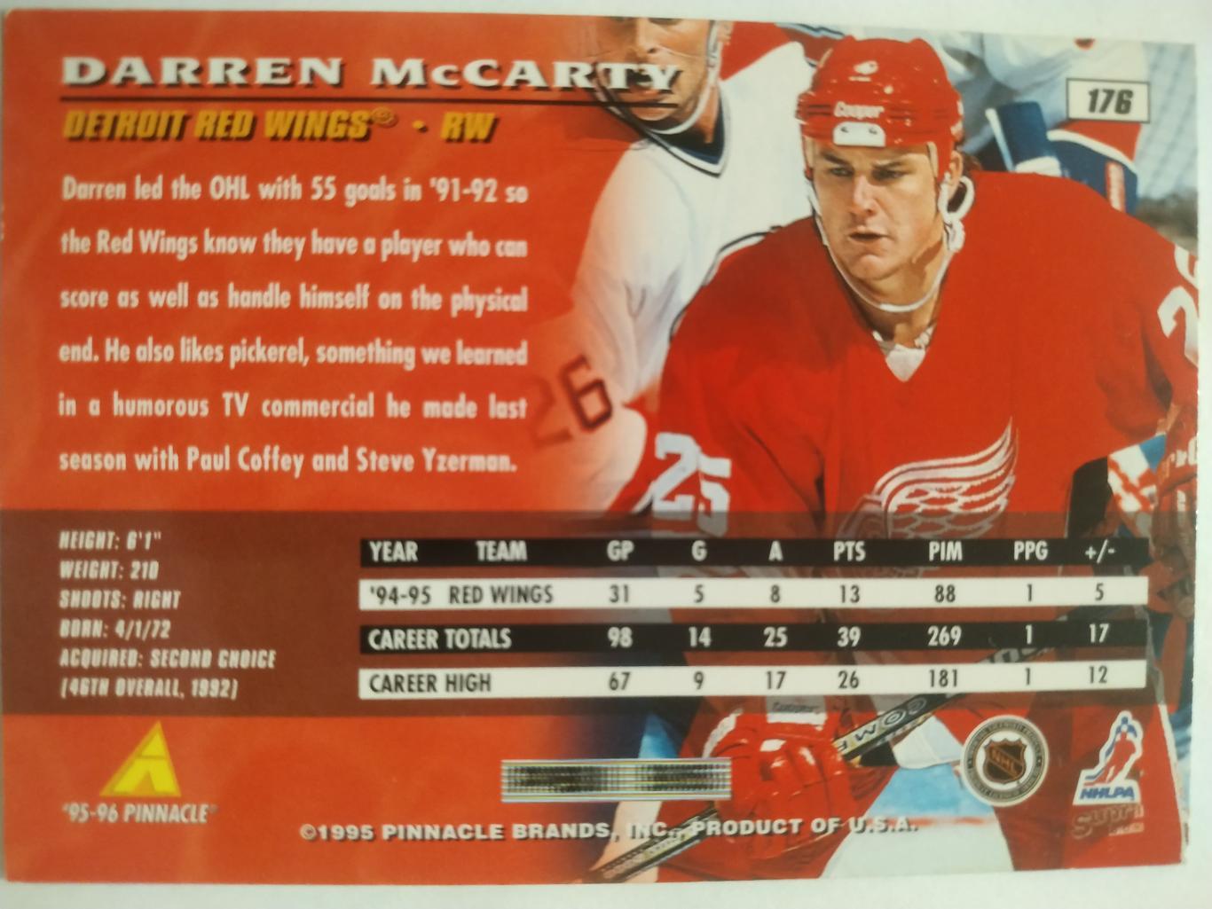 ХОККЕЙ КАРТОЧКА НХЛ PINNACLE 1995-96 NHL DARREN MCCARTY DETROIT RED WINGS #176 1