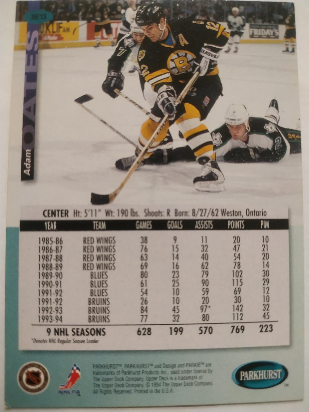 ХОККЕЙ КАРТОЧКА НХЛ PARKHURST 1994-95 NHL ADAM OATS BOSTON BRUINS #SE13 1