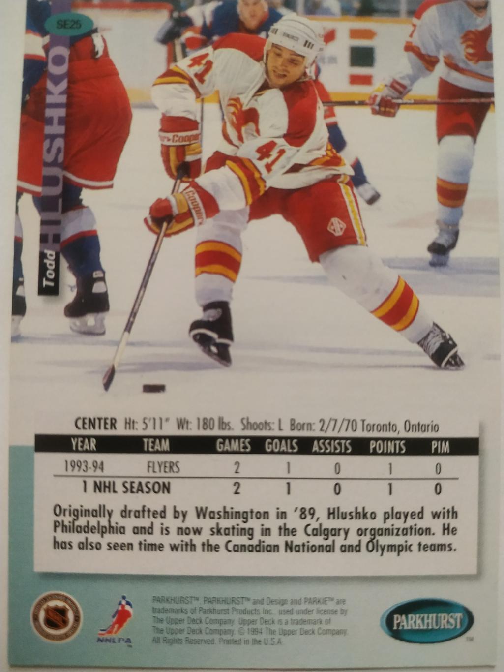 ХОККЕЙ КАРТОЧКА НХЛ PARKHURST 1994-95 NHL TODD HLUSHKO CALGARY FLAMES #SE25 1