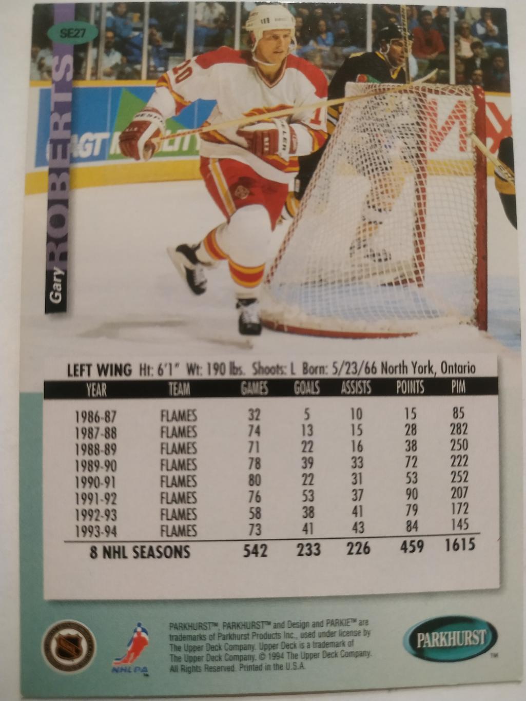 ХОККЕЙ КАРТОЧКА НХЛ PARKHURST 1994-95 NHL GARY ROBERTS CALGARY FLAMES #SE27 1