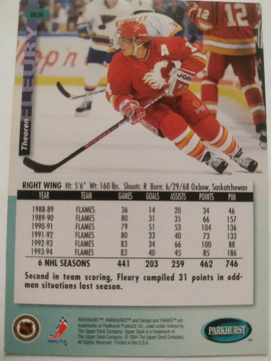 ХОККЕЙ КАРТОЧКА НХЛ PARKHURST 1994-95 NHL THEOREN FLEURY CALGARY FLAMES #SE28 1