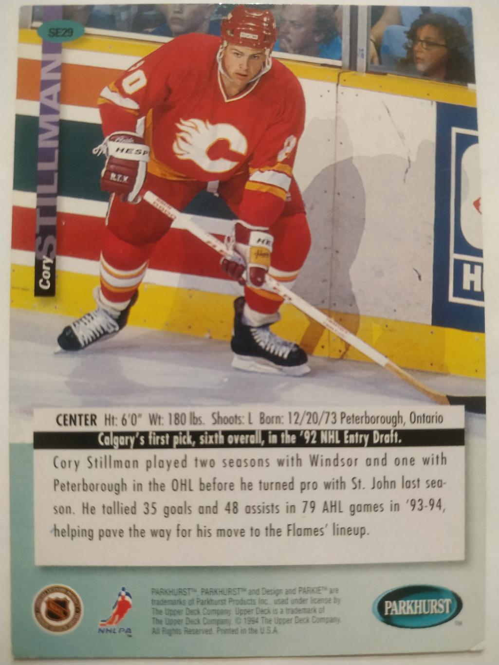 ХОККЕЙ КАРТОЧКА НХЛ PARKHURST 1994-95 NHL CORY STILLMAN CALGARY FLAMES #SE29 1