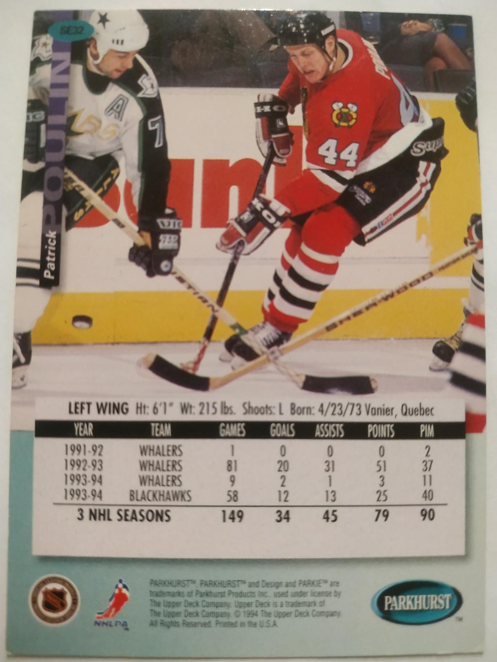 ХОККЕЙ КАРТОЧКА НХЛ PARKHURST 1994-95 NHL PATRICK POULIN CHICAGO #SE32 1