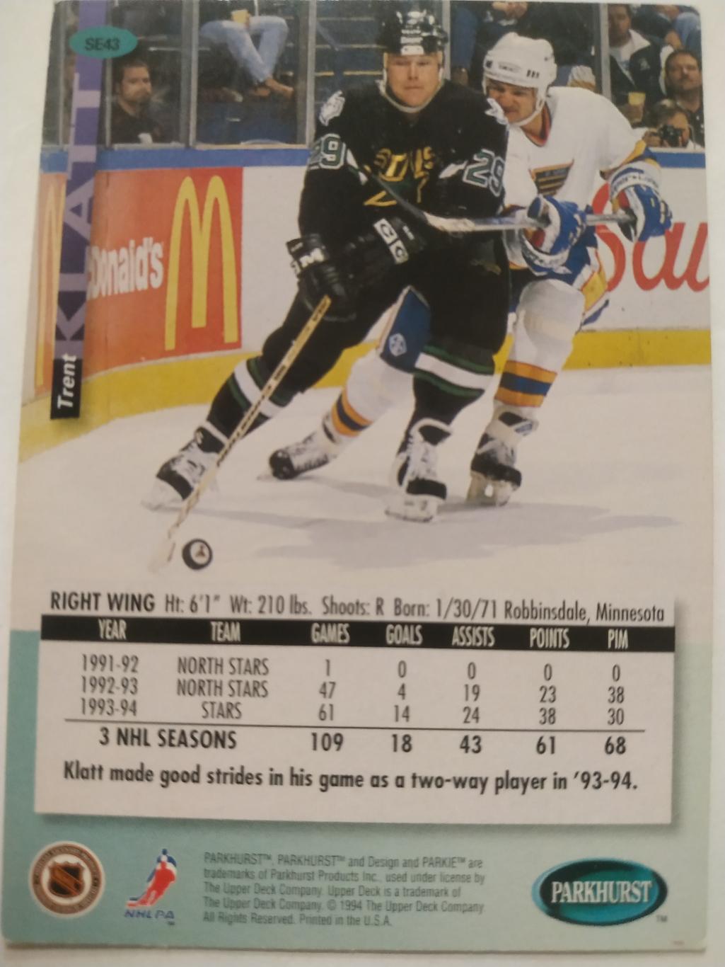 ХОККЕЙ КАРТОЧКА НХЛ PARKHURST 1994-95 NHL TRENT KLATT DALLAS STARS #SE43 1