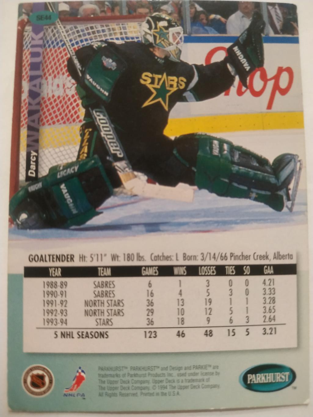 ХОККЕЙ КАРТОЧКА НХЛ PARKHURST 1994-95 NHL DARCY WAKALUK DALLAS STARS #SE44 1