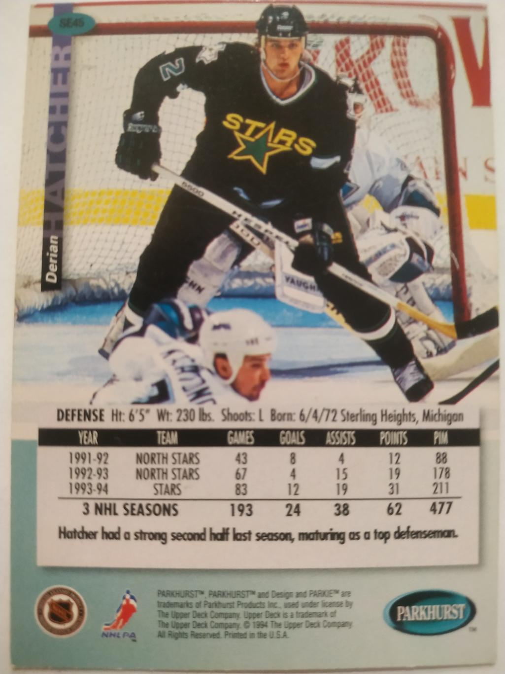 ХОККЕЙ КАРТОЧКА НХЛ PARKHURST 1994-95 NHL DERIAN HATCHER DALLAS STARS #SE45 1