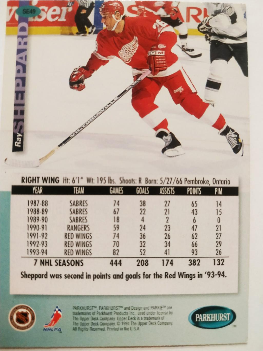 ХОККЕЙ КАРТОЧКА НХЛ PARKHURST 1994-95 NHL RAY SHEPPARD DETROIT RED WINGS #SE49 1