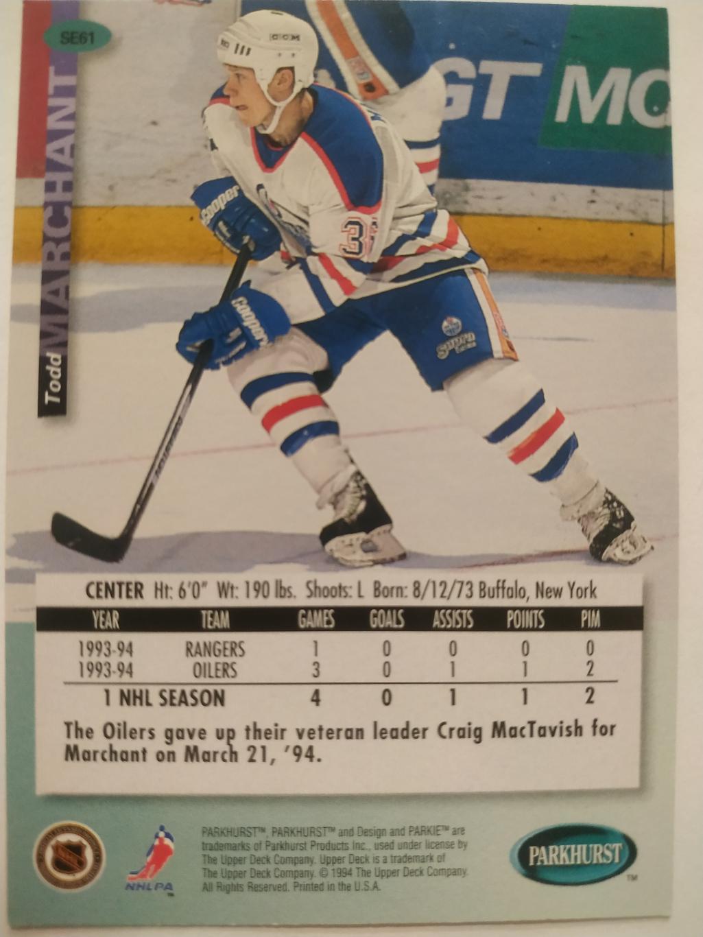ХОККЕЙ КАРТОЧКА НХЛ PARKHURST 1994-95 NHL TODD MARCHANT EDMONTON OILERS #SE61 1