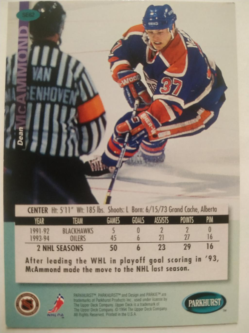 ХОККЕЙ КАРТОЧКА НХЛ PARKHURST 1994-95 NHL DEAN MCAMMOND EDMONTON OILERS #SE62 1