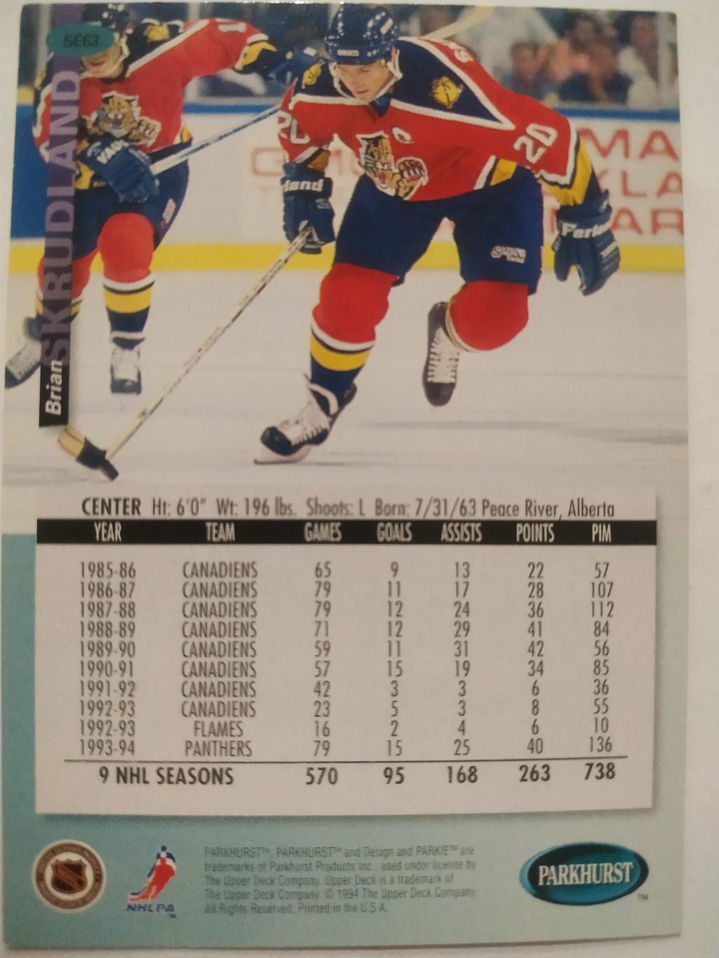 ХОККЕЙ КАРТОЧКА НХЛ PARKHURST 1994-95 NHL BRIAN SKRUDLAND FLORIDA PANTHERS #SE63 1