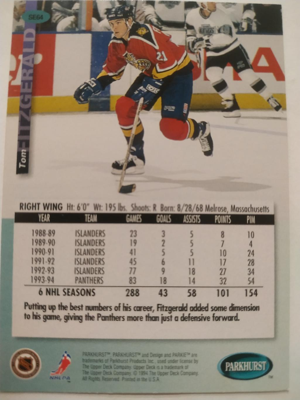 ХОККЕЙ КАРТОЧКА НХЛ PARKHURST 1994-95 NHL TOM FITZGERALD FLORIDA PANTHERS #SE64 1