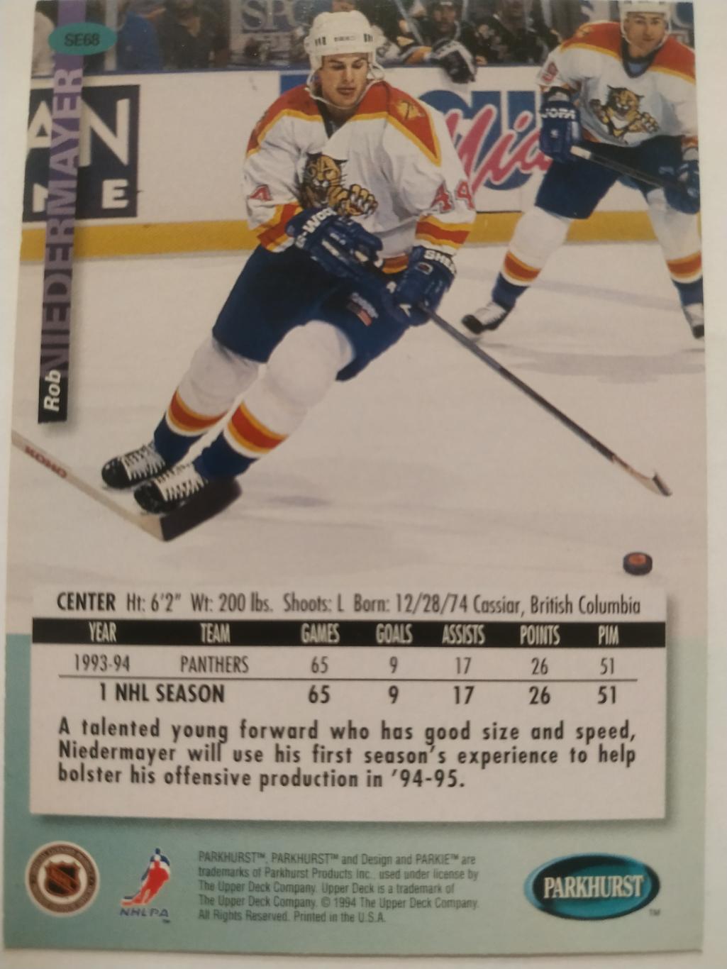 ХОККЕЙ КАРТОЧКА НХЛ PARKHURST 1994-95 NHL ROB NIEDERMAYER FLORIDA PANTHERS #SE68 1