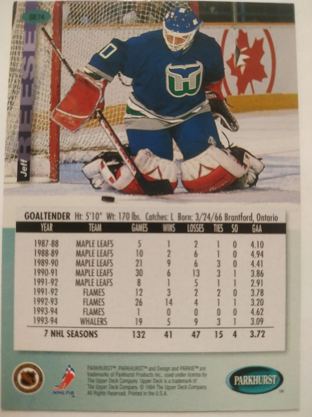 ХОККЕЙ КАРТОЧКА НХЛ PARKHURST 1994-95 NHL JEFF REESE HARTFORD WHALERS #SE74 1