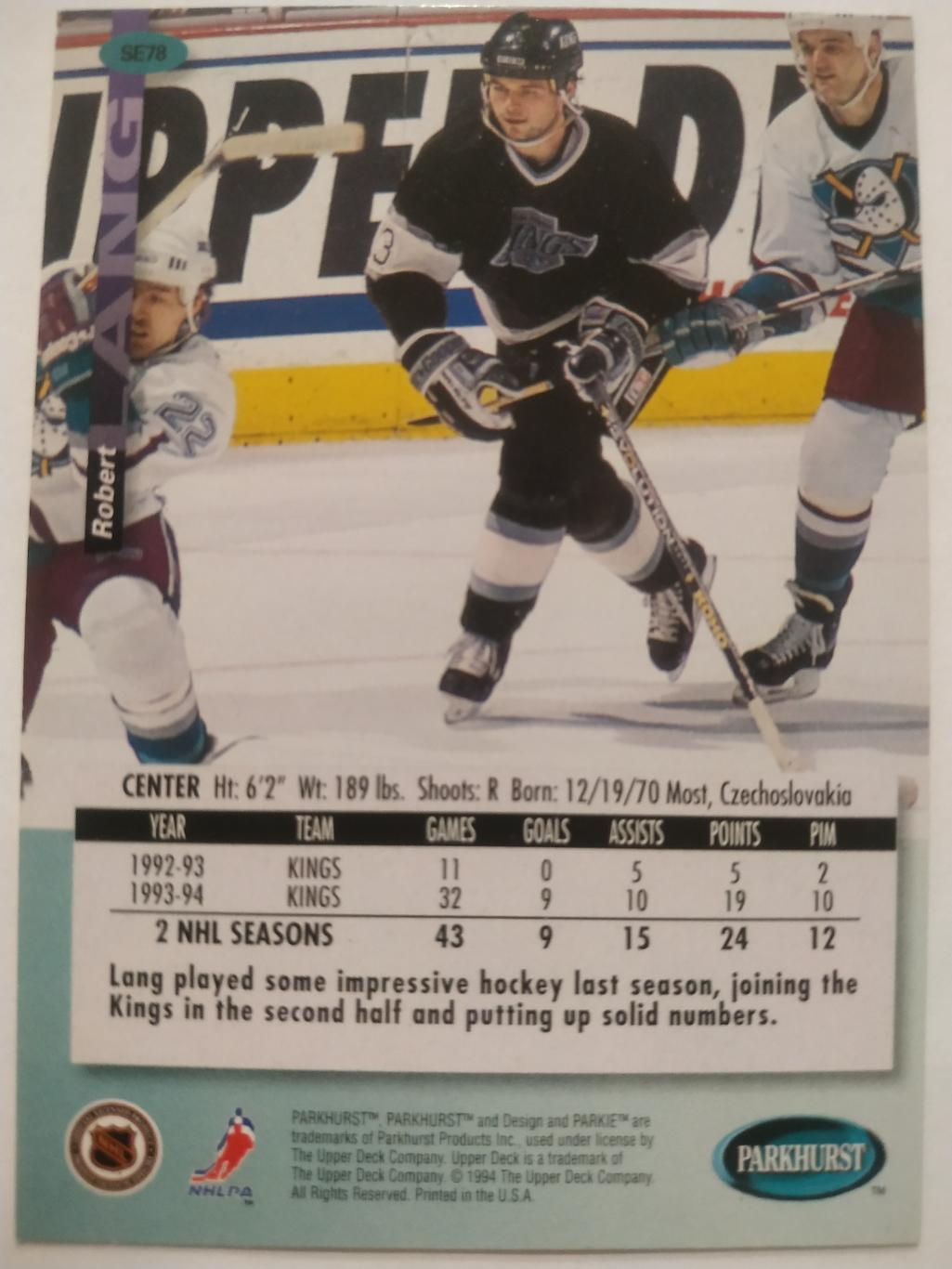 ХОККЕЙ КАРТОЧКА НХЛ PARKHURST 1994-95 NHL ROBERT LANG LOS ANGELES KINGS #SE78 1