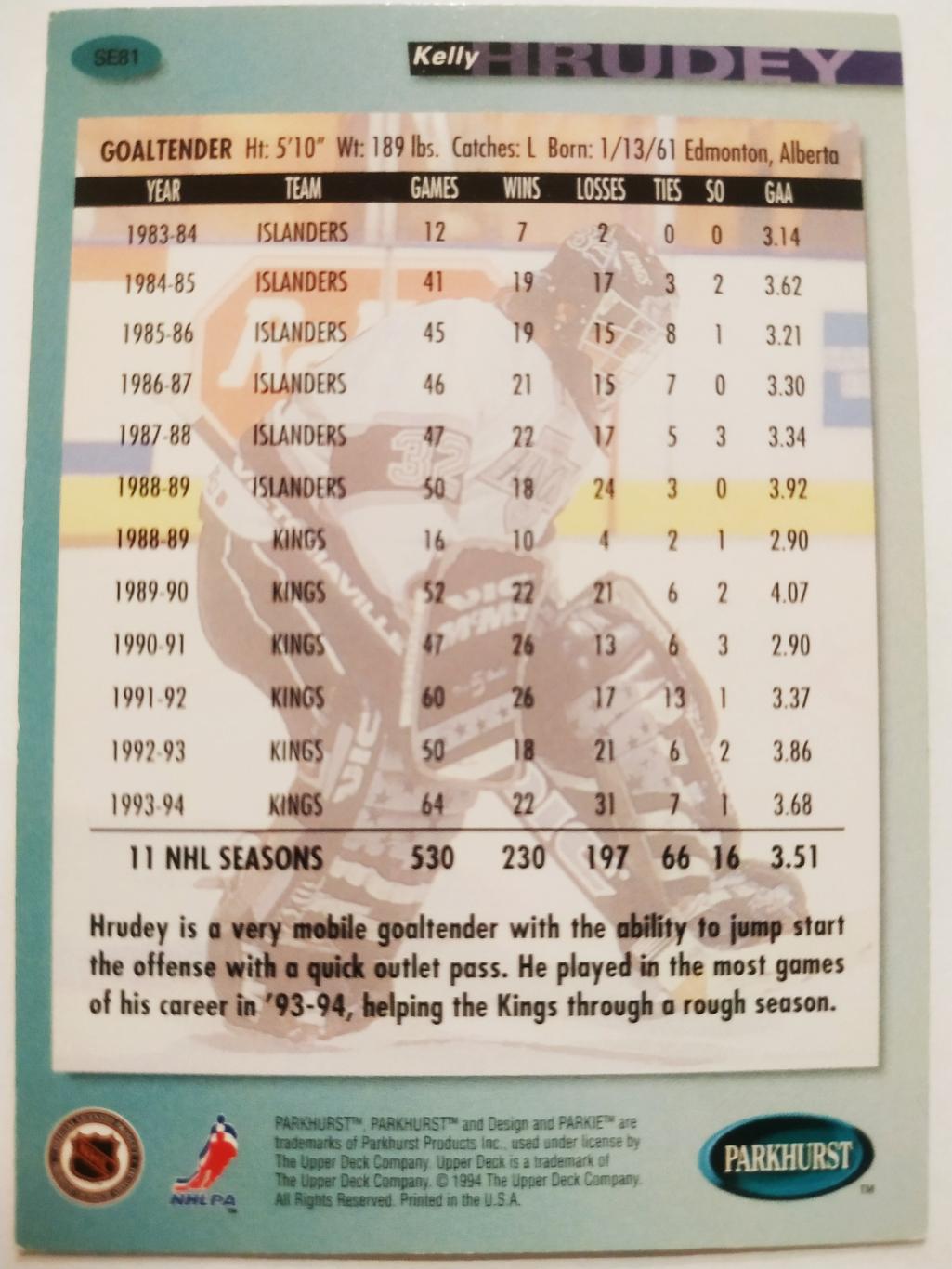 ХОККЕЙ КАРТОЧКА НХЛ PARKHURST 1994-95 NHL KELLY HRUDEY LOS ANGELES KINGS #SE81 1