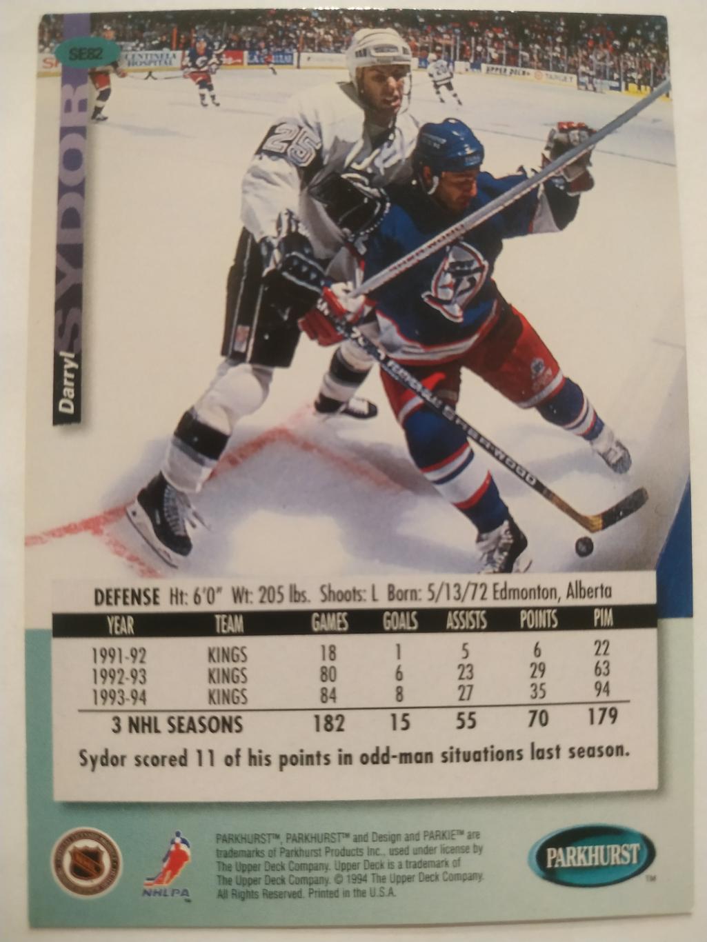 ХОККЕЙ КАРТОЧКА НХЛ PARKHURST 1994-95 NHL DARRYL SYDOR LOS ANGELES KINGS #SE82 1